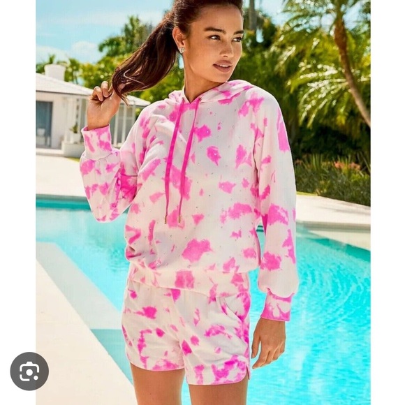 Lilly Pulitzer Laurian Hoodie Top Plumeria Pink Sun Splash Tie Dye Bling Sz M - Picture 5 of 5